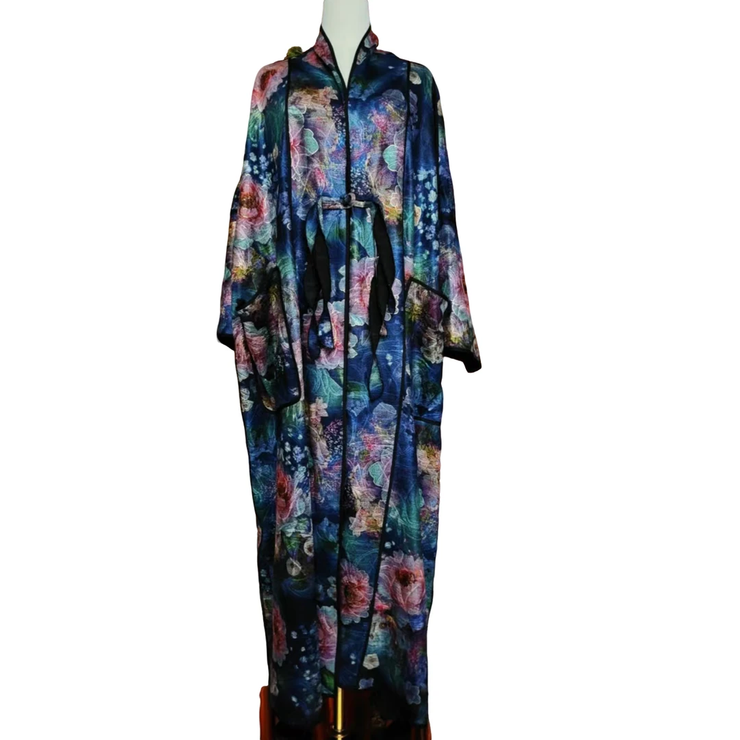 蓝底烫金大花盘扣外披