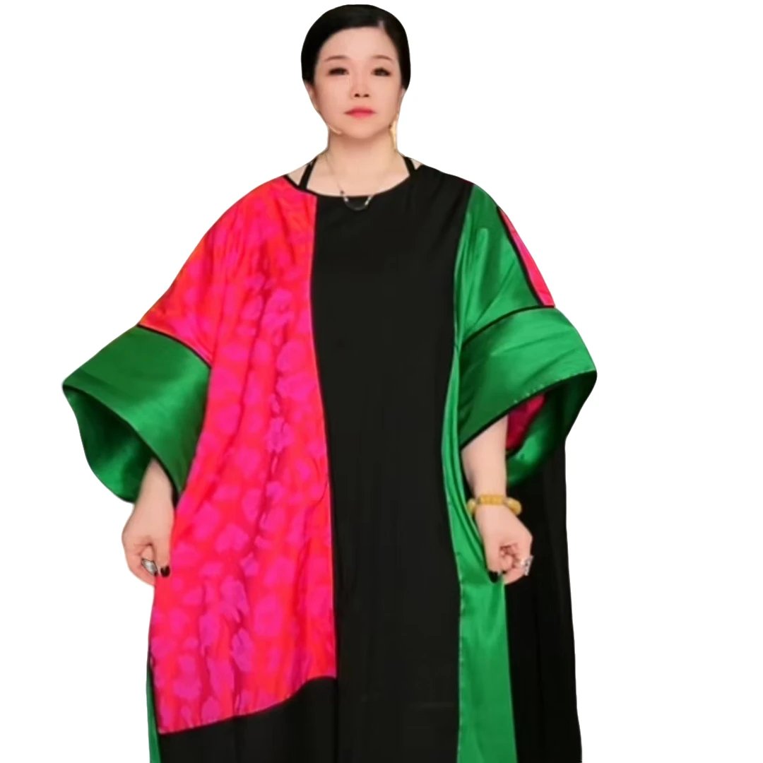 三色提花拼接连衣裙