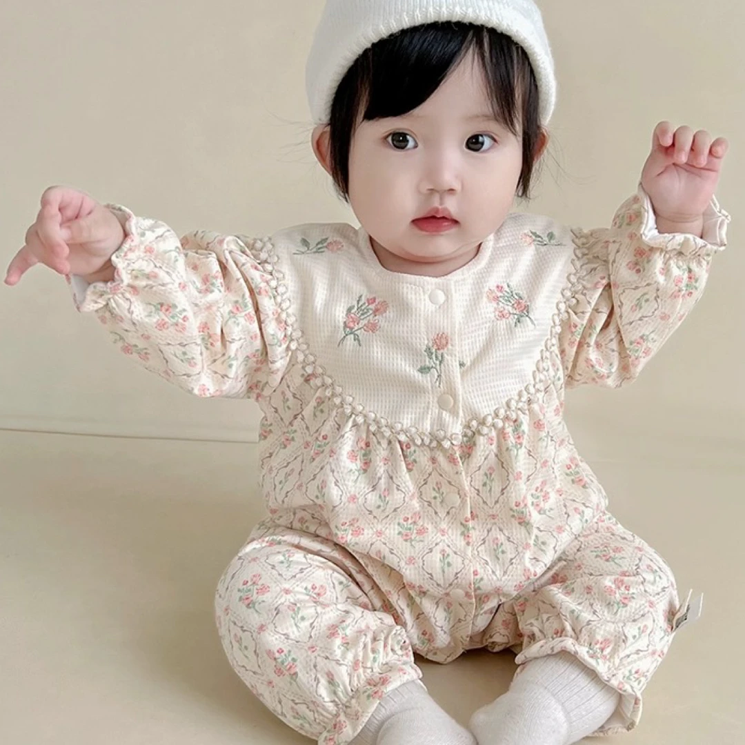 婴儿衣服秋哈衣周岁公主衣服韩系女宝宝田园风小碎花连体衣家居服