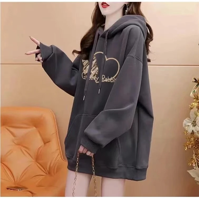 2024新款爆款胖mm遮肚显瘦大码女装百搭卡通印花连帽慵懒风卫衣