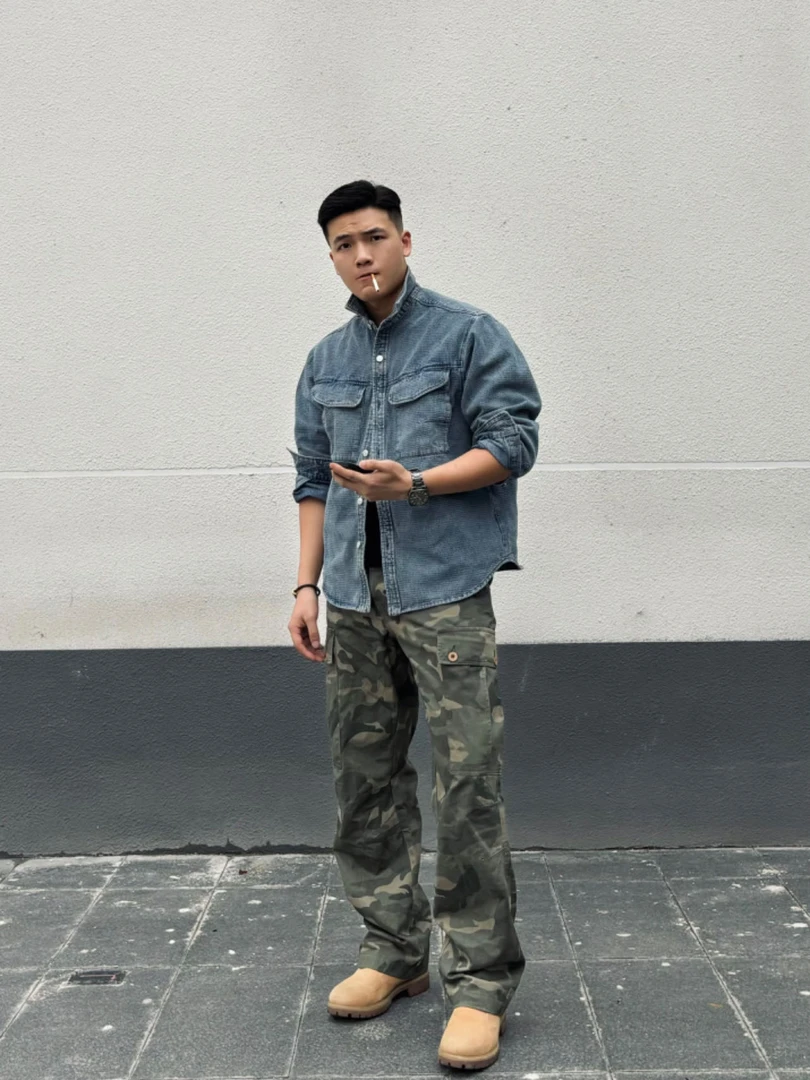 SOS立裁多口袋迷彩工装裤美式硬汉水洗磨毛拼接复古直筒休闲裤男