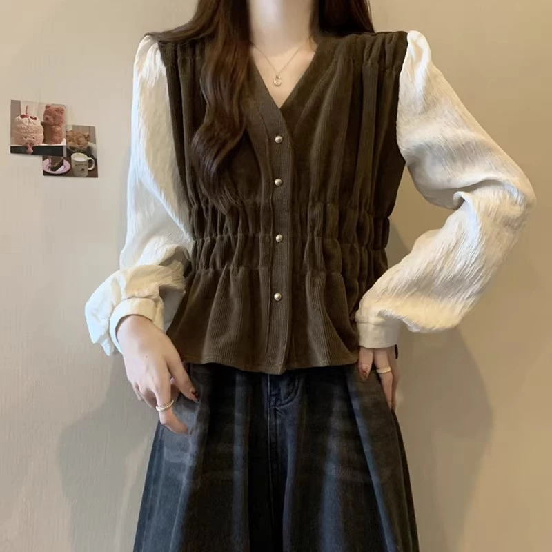 2024新款长袖衬衫mm大码显瘦收腰泡泡褶皱气质法式百搭上衣