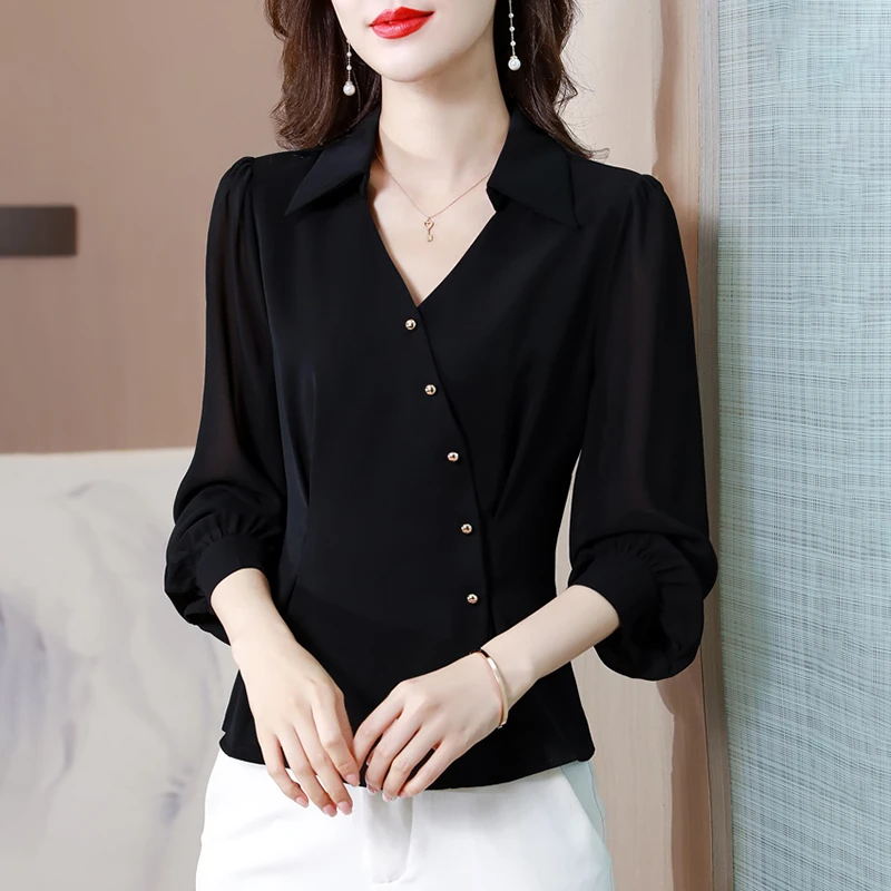 黑色收腰V领长袖雪纺衫女2024秋装新款衬衫上衣女士妈妈洋气小衫