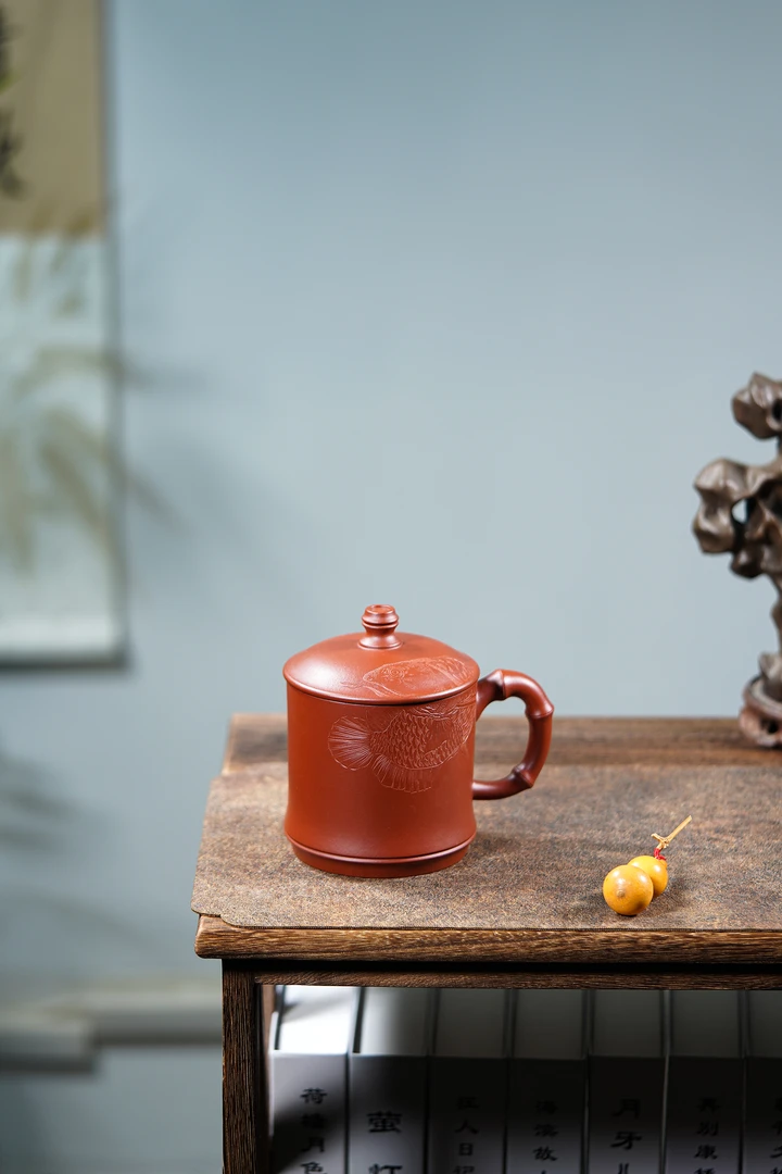 紫砂朱泥盖杯竹节杯子