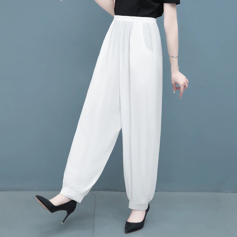 纯色哈伦裤女士夏季薄款大码休闲裤宽松棉绸裤子中老年防蚊裤