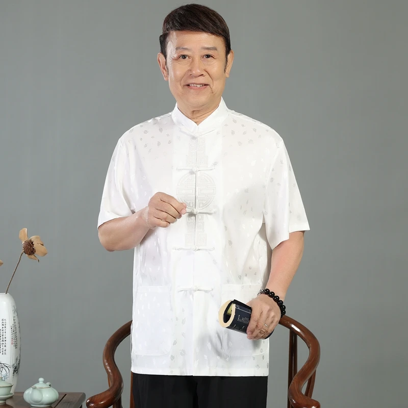 男士唐装上衣夏季薄款中老年刺绣立领中国风上衣盘扣民族短袖T恤