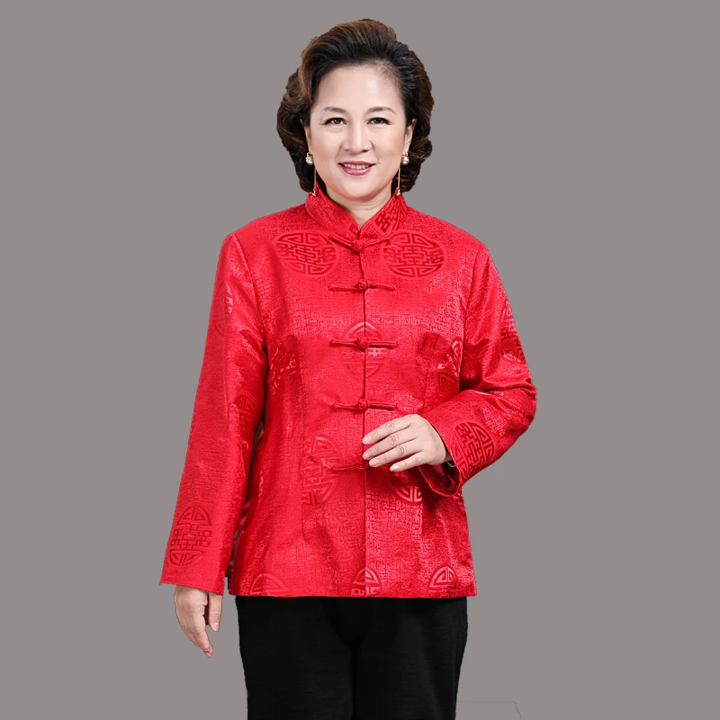 红色绸缎唐装外套女春秋盘扣中式上衣中老年人过寿生日华服冬加棉