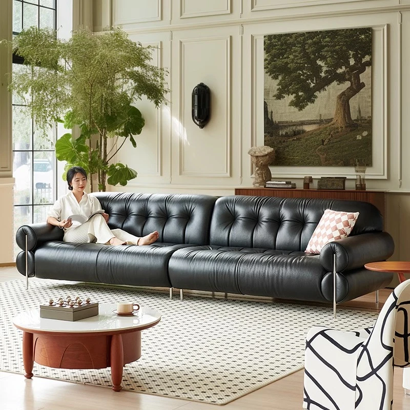 路易法式复古真皮沙发客厅2024新款中古风直排高脚黑糖云朵沙发