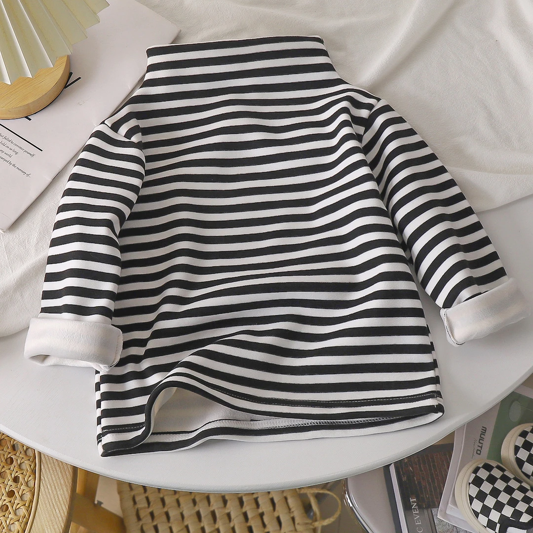 儿童条纹加绒打底衫秋冬德绒宝宝上衣保暖加厚长袖半高领洋气柔软