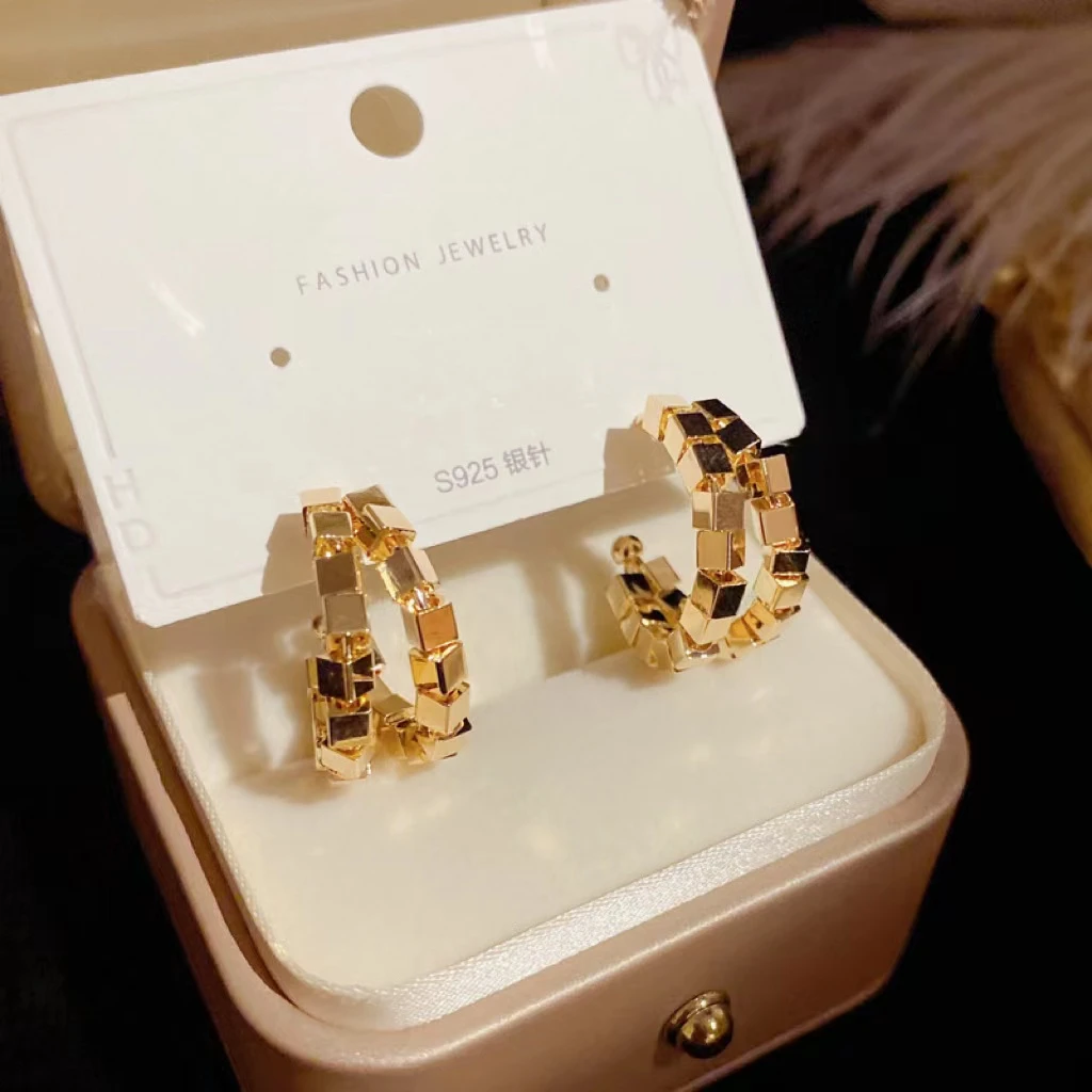 铜合金耳饰 时尚气质冷淡风方块拼接耳圈耳环A8304