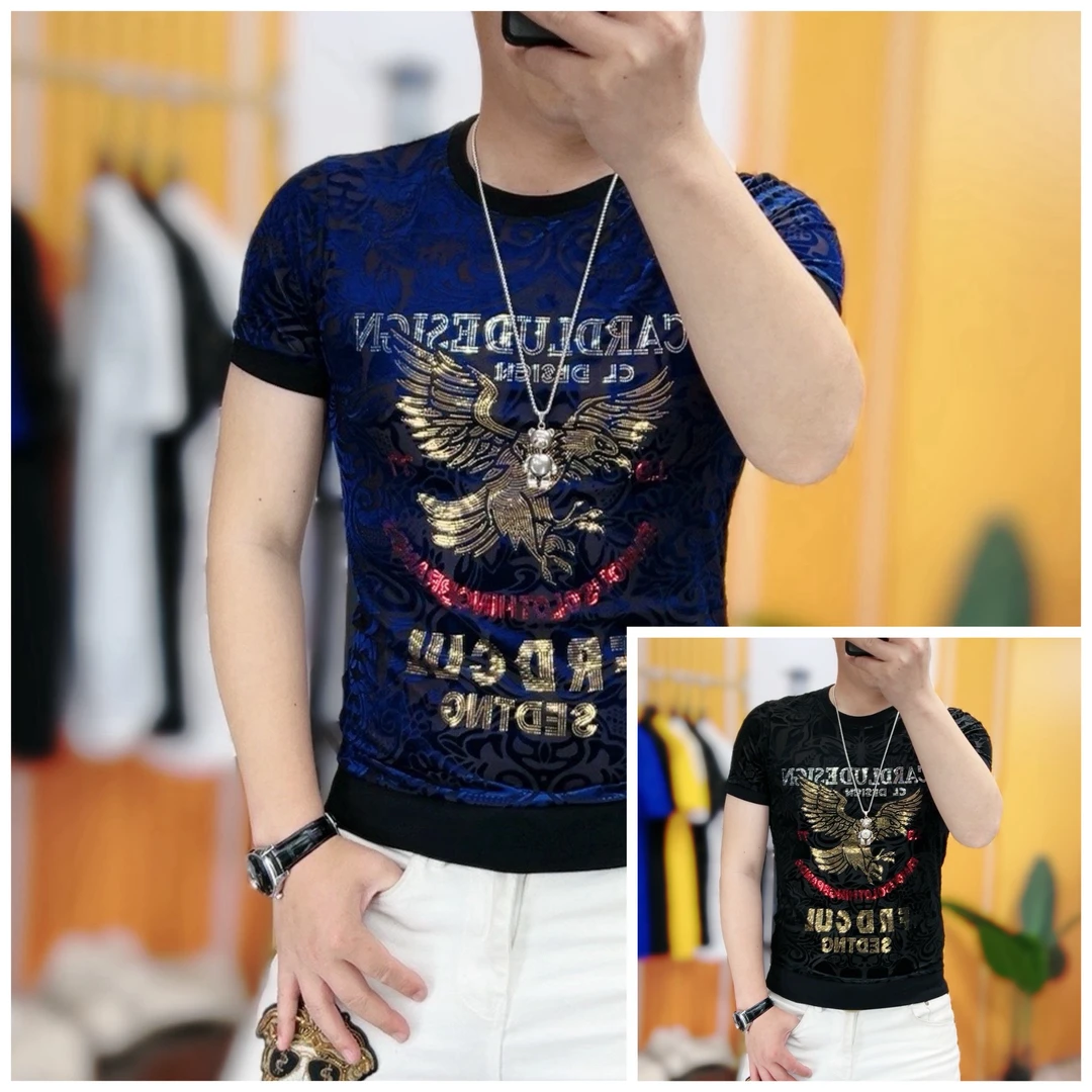 春夏新款时尚潮流男士修身亮片冰丝体恤6Y065夏季上衣半袖圆领