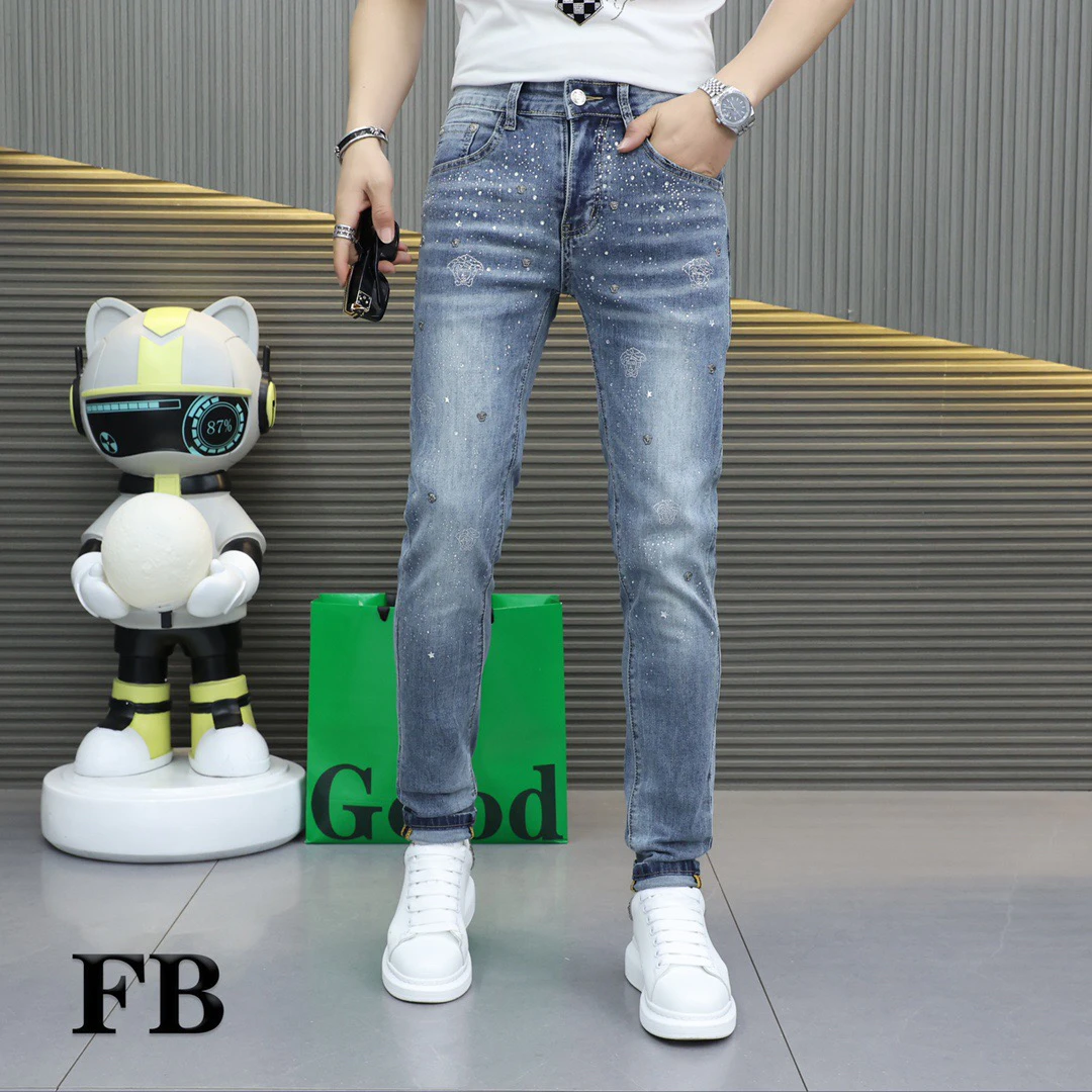 秋季新款时尚男士烫钻修身牛仔裤小脚男款潮流百搭休闲裤子3038