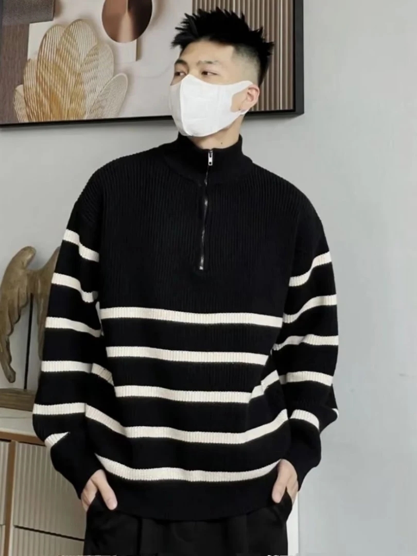 韩版半高拉链秋冬季毛衣男条纹高级设计感情侣时尚休闲ins针织衫