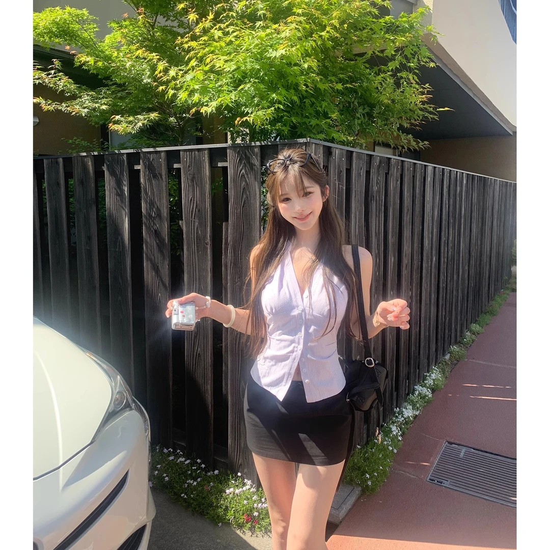 纯欲无袖翻领挂脖衬衫女夏季修身低腰短裙套装