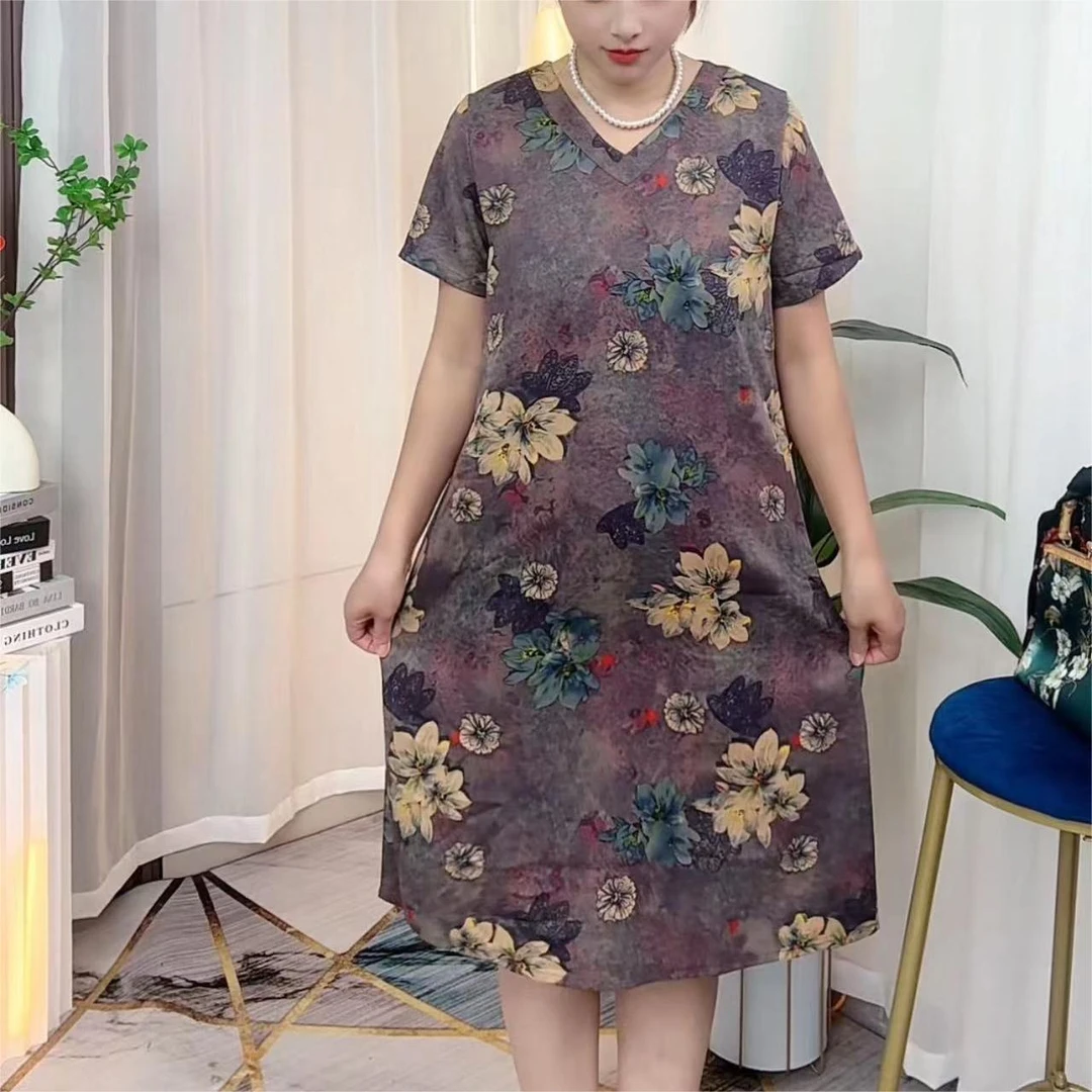 妈妈装V领印花大码连衣裙显瘦气质时尚夏季中长款中长款遮肚裙子