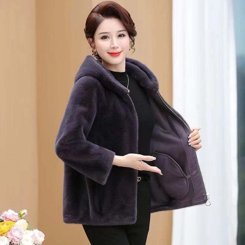 2023新款生态貂皮毛一体外套女气质高档连帽时尚简约仿貂皮大衣