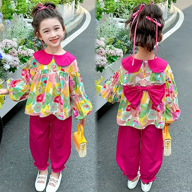 【纯棉/90-150码】女小童碎花套装秋装洋气女宝宝蝴蝶结衬衫春秋款