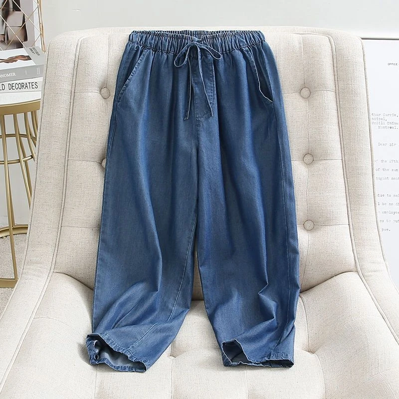 夏装宽松天丝薄款系带冰丝柔软牛仔裤萝卜裤女休闲裤防蚊裤松紧腰