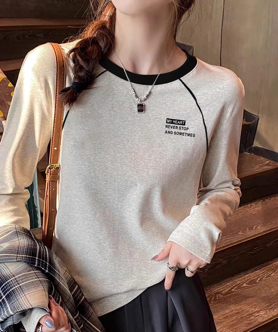 早秋2024新款舒适亲肤内搭95%棉正肩米灰色打底衫撞色拼接长袖t恤