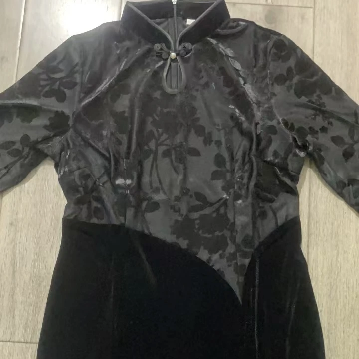 CK-两色Z石绒提花前低开叉旗袍