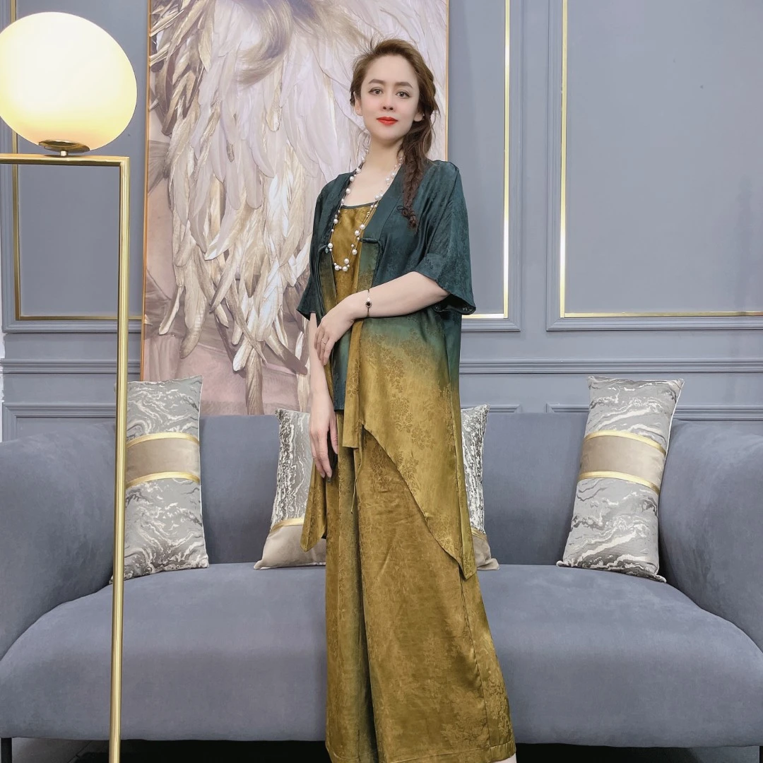 72820桑蚕丝春季时尚复古气质长款休闲显瘦优雅百搭半袖女装套装