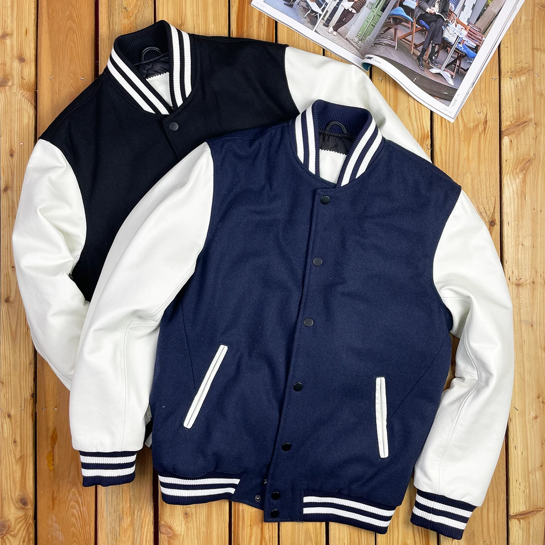 春秋日系休闲棒球服男女百搭真皮夹克毛呢拼接皮袖短外套白色上衣