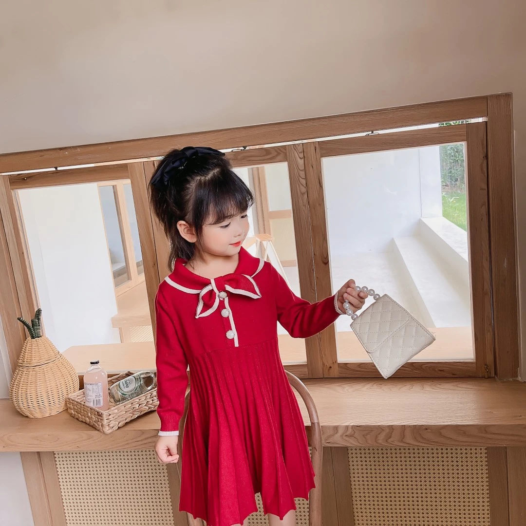 2039秋冬复古气质蝴蝶结长袖收腰A字百褶气质针织连衣裙