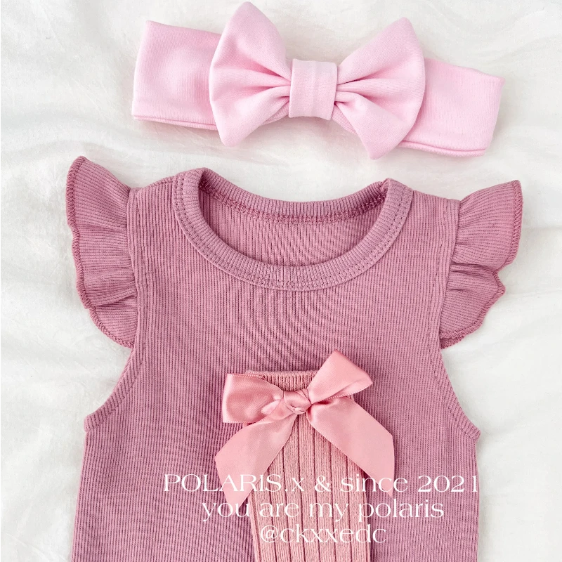 豆沙粉小飞袖|小月龄女宝公主夏天纯色无袖坑条纹包屁衣婴儿哈衣