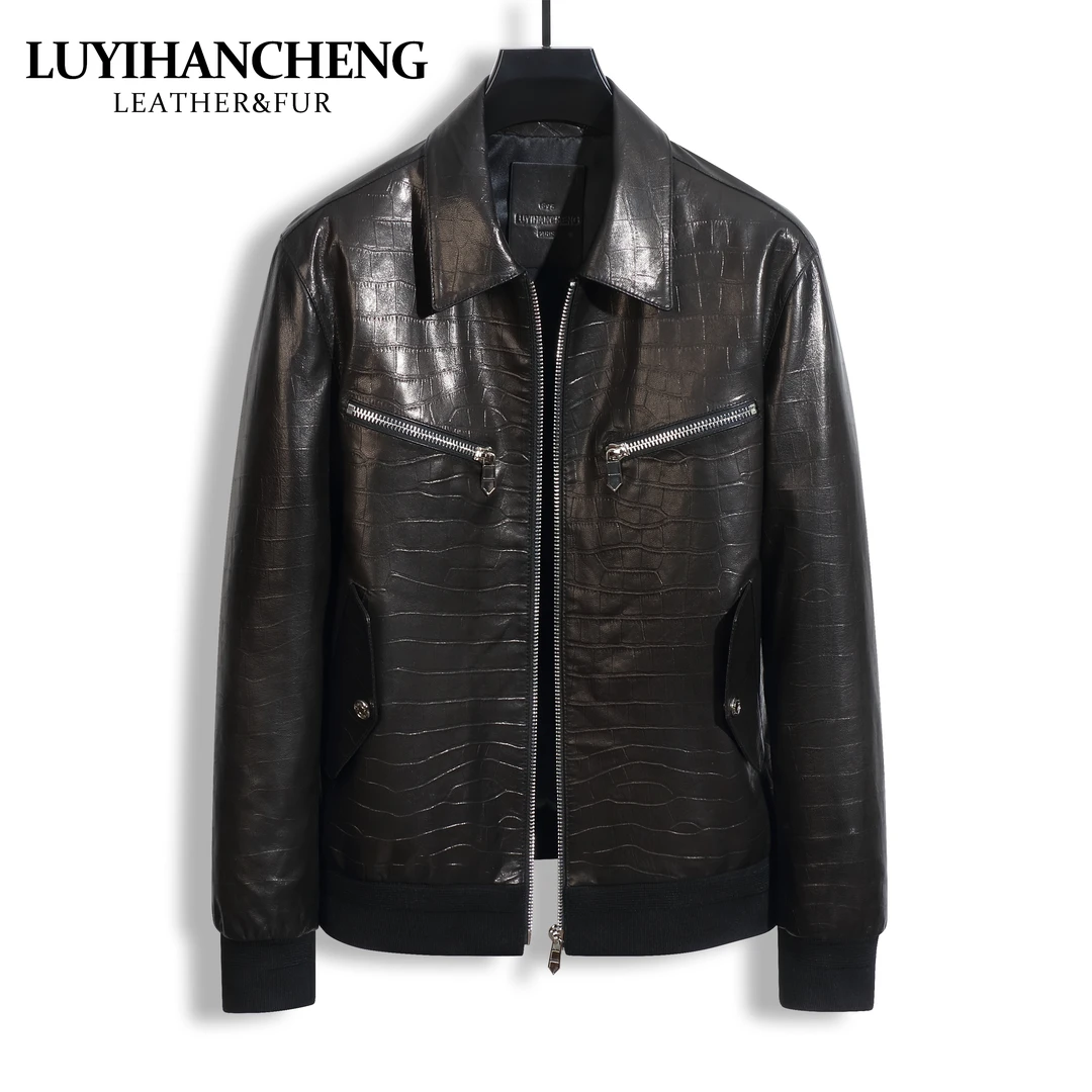 男士春秋时尚休闲简约修身潮流百搭经典翻领轻奢真皮皮衣外套2501
