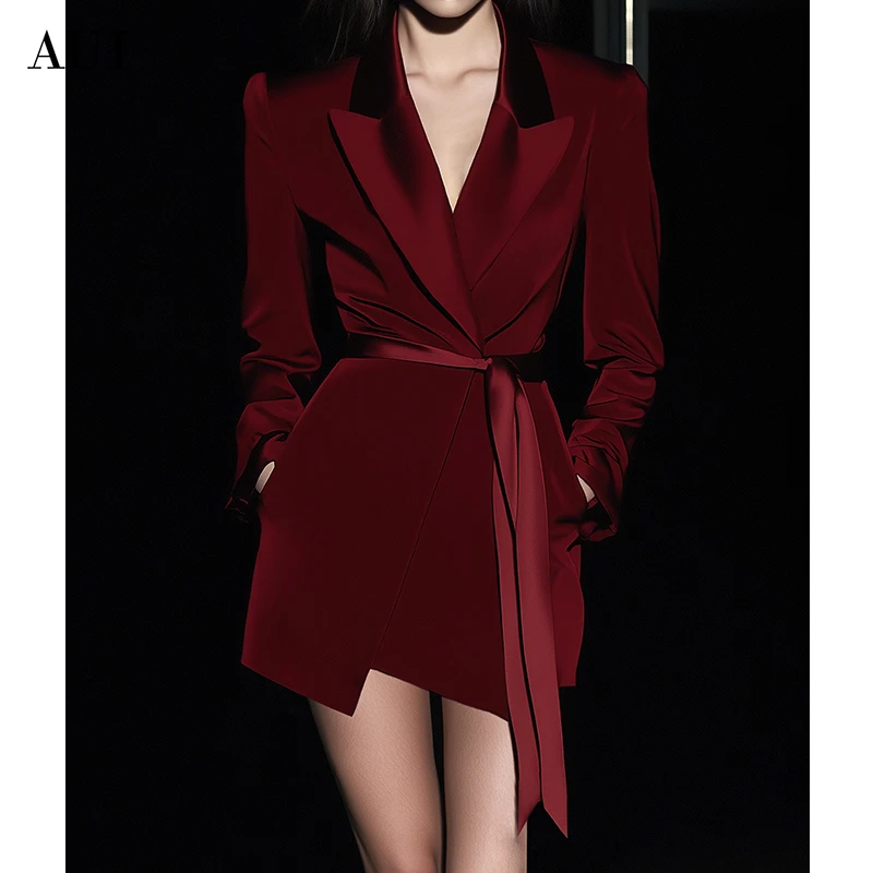 【粉丝专享】AUI安可拉红气质西装连衣裙收腰不规则裙XX-24W016061