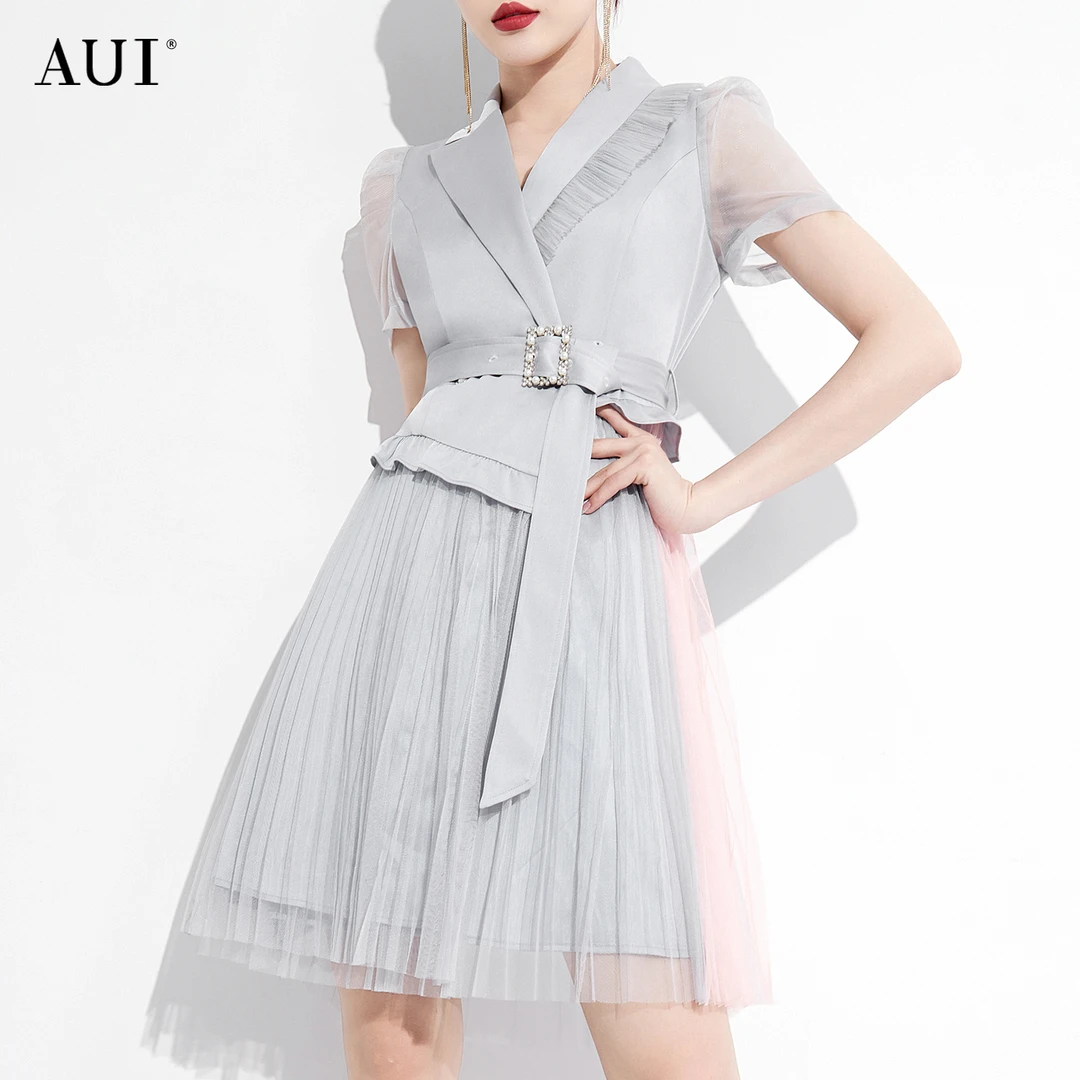 【粉丝专享】AUI西装连衣裙气质假两件灰色网纱百褶裙XX-22F010969