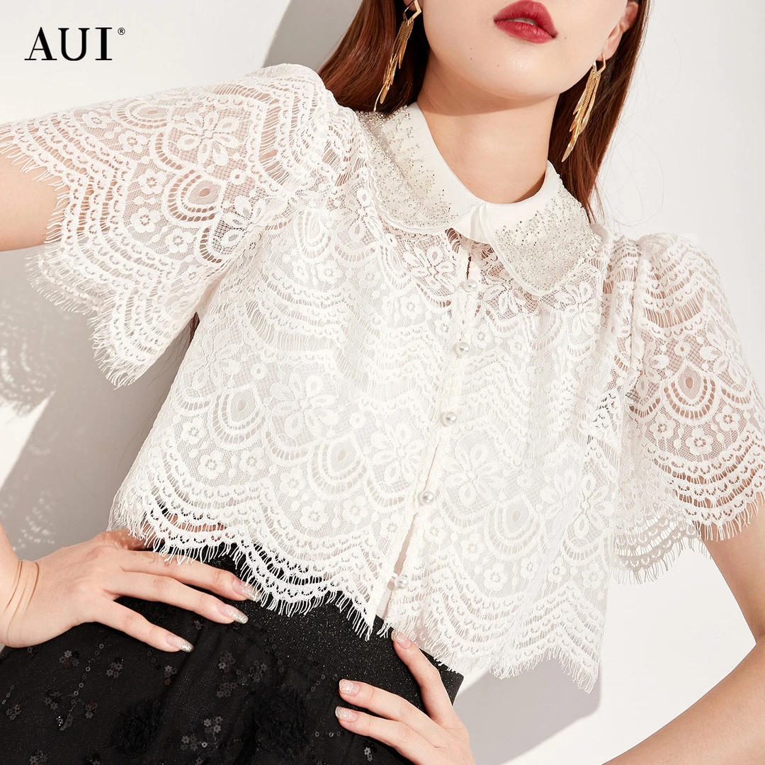 【AUI】AUI白色修身蕾丝衫设计感小众衬衫薄款上衣LD-23X062385