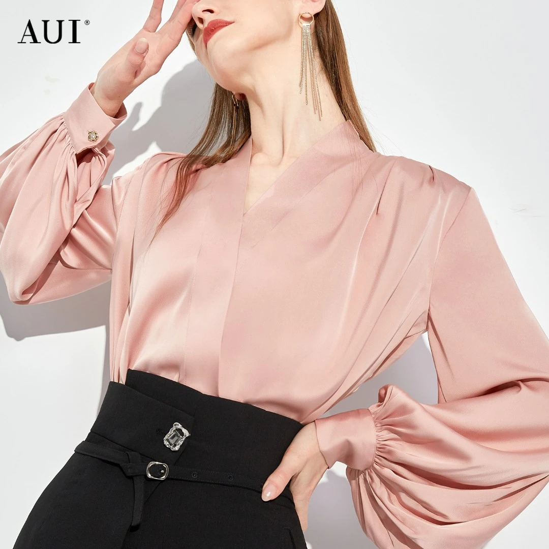 aui【媛媛女王专享】高级感衬衫女泡泡袖v领上衣缎面衬衣23C052104