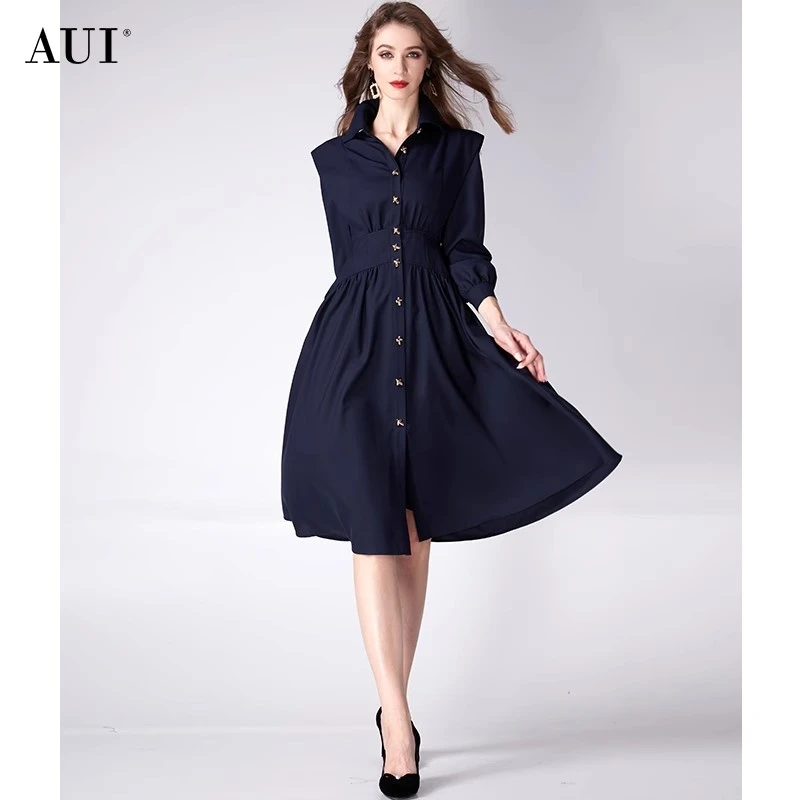【粉丝专享】AUI通勤衬衫连衣裙御姐气质收腰显瘦A字裙-24W014801