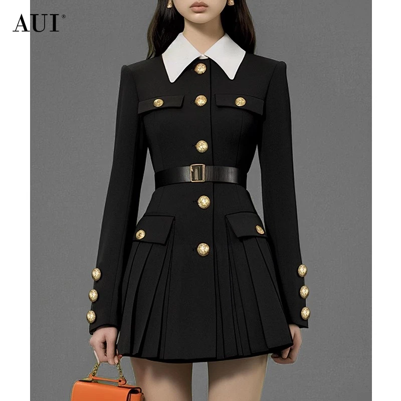 《李易行》AUI黑色高级气质修身西装连衣裙百褶裙-24W014915