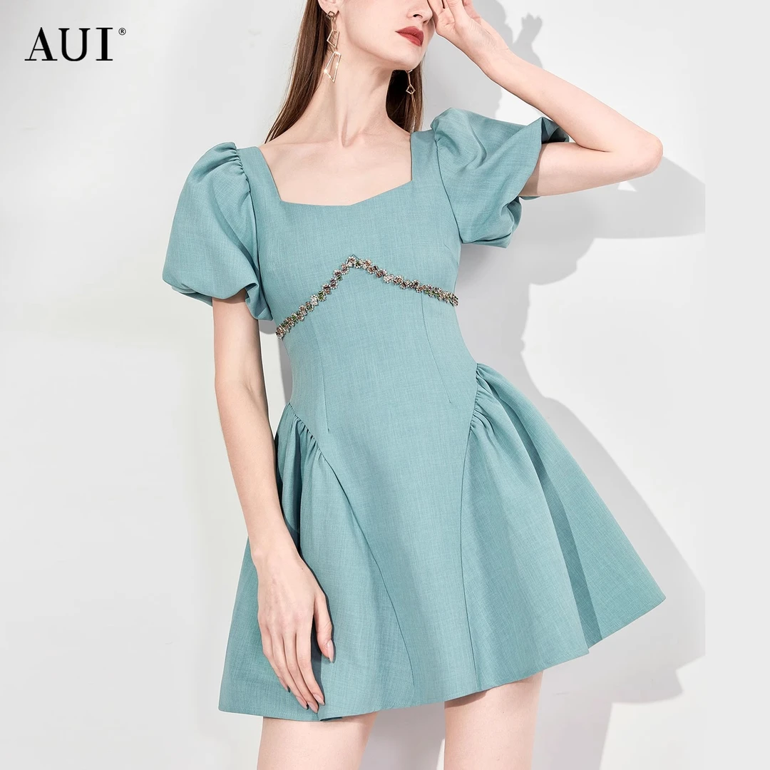 【AUI】AUI绿色方领连衣裙女泡泡袖修身a字裙LD-23C012283