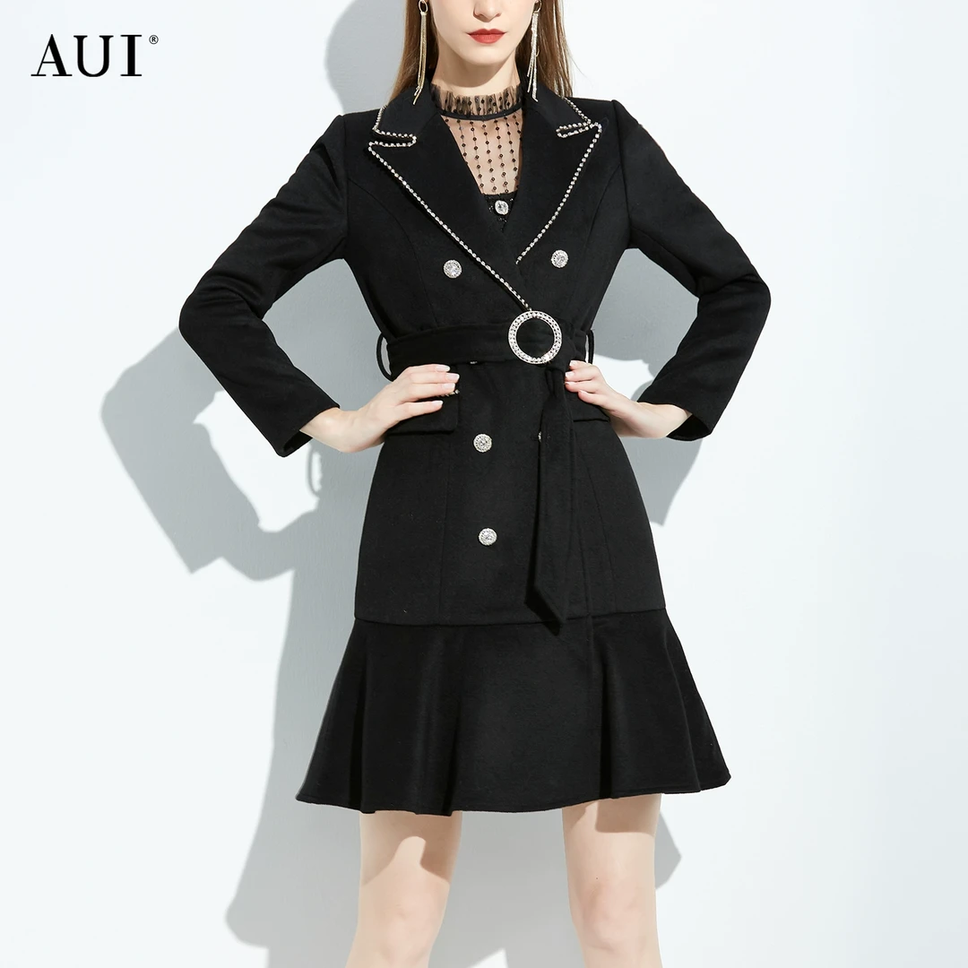 《李易行》AUI黑色设计感高级毛呢大衣修身呢子外套-20D097213