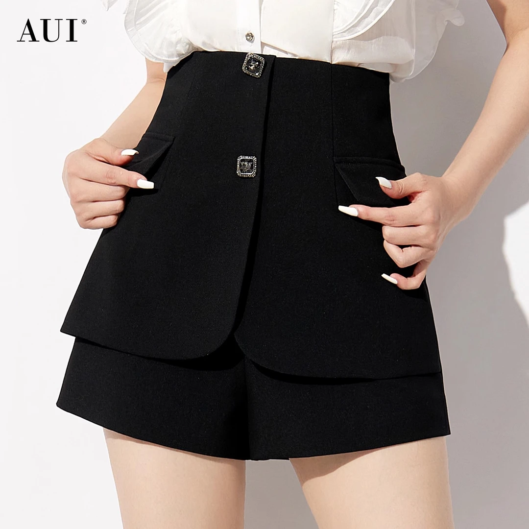 【媛媛女王专享】aui黑色小个子高腰显瘦阔腿裤短裤女-24W014276