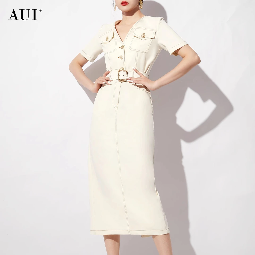 1430【女乔专属】AUI杏色工装气质V领连衣裙包臀中长裙-24W014206
