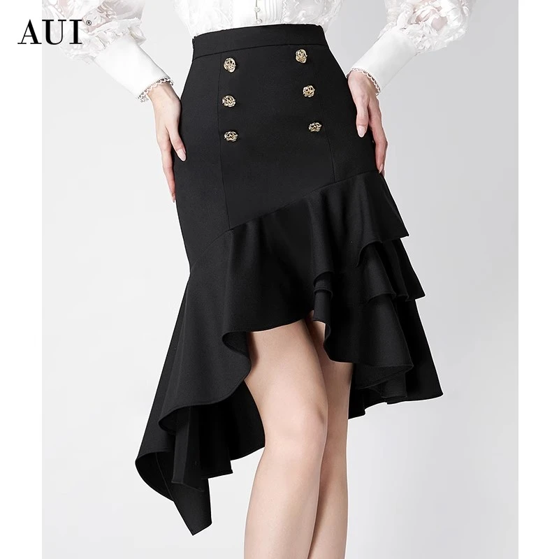 《李易行》AUI黑色气质不规则半身裙高腰显瘦包臀裙-24W144858