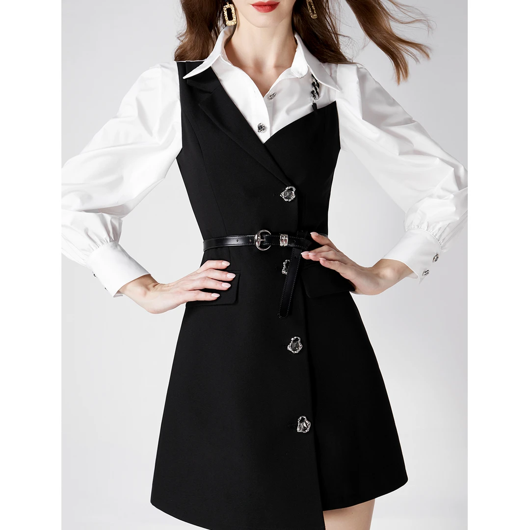 《李易行》AUI黑白拼接气质设计感小众衬衫连衣裙女秋季-24W014798