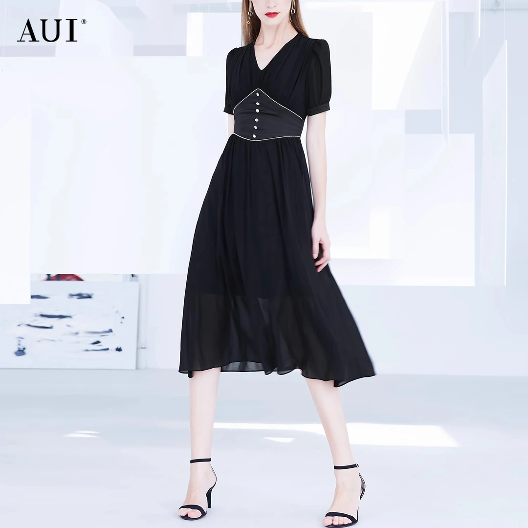 【白姐专属】AUI黑色v领雪纺连衣裙小众收腰显瘦中长裙-21X017978