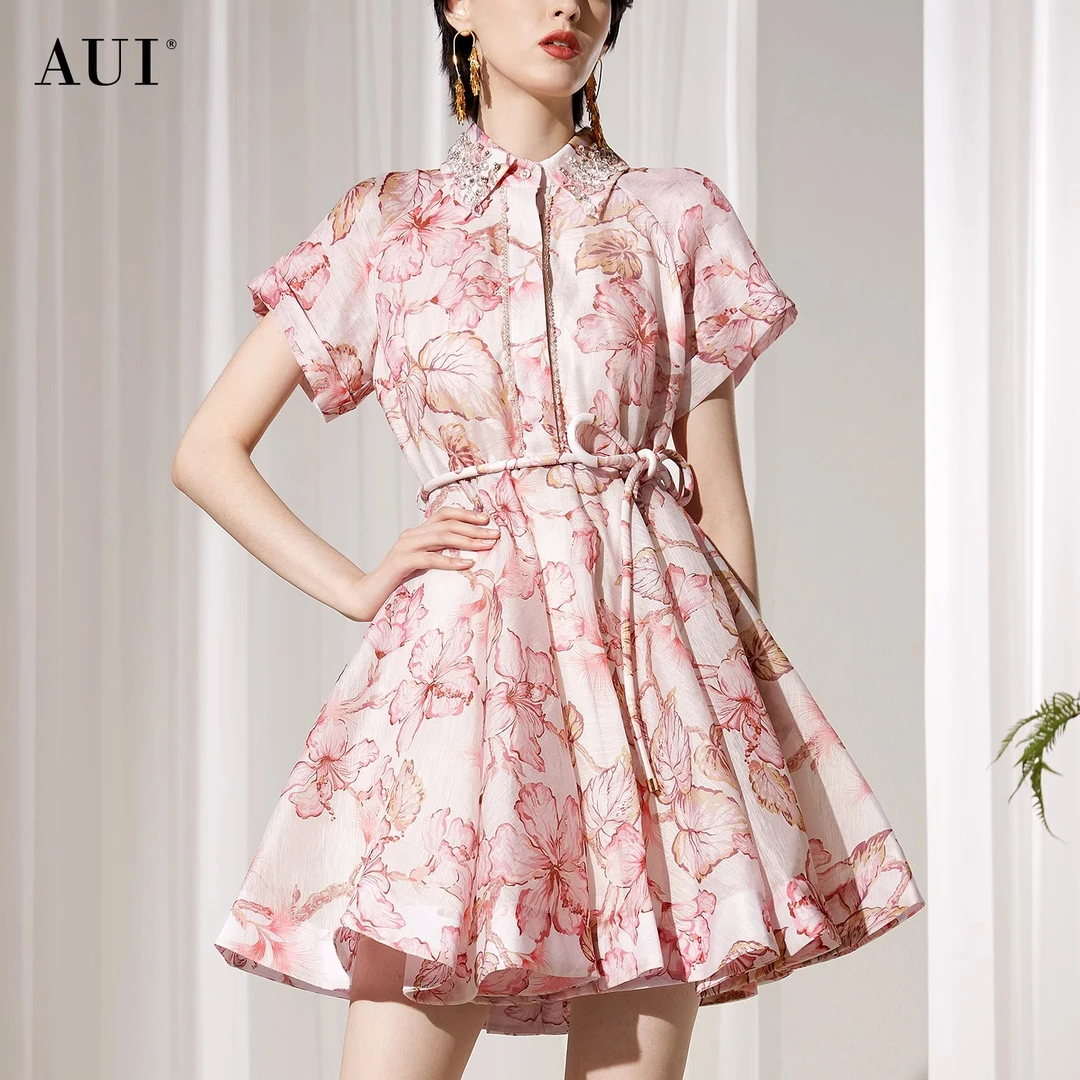 【高高甄选】AUI粉色减龄设计感印花雪纺连衣裙女-24W014177