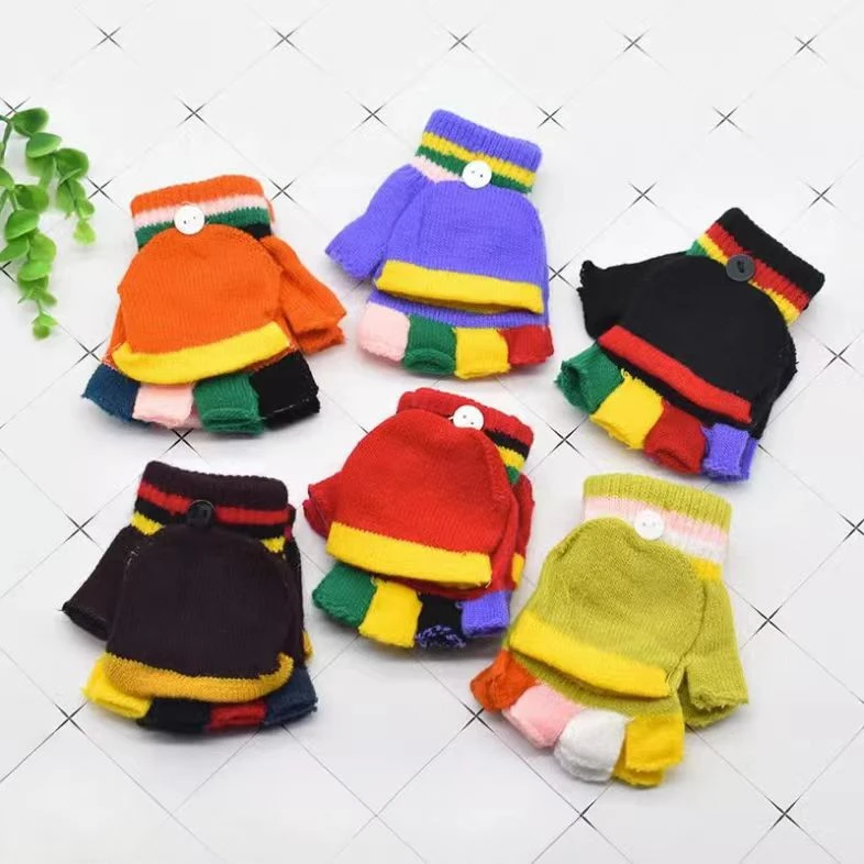 秋冬儿童半指翻盖手套两用防寒保暖公主幼儿宝宝针织五指手套男女