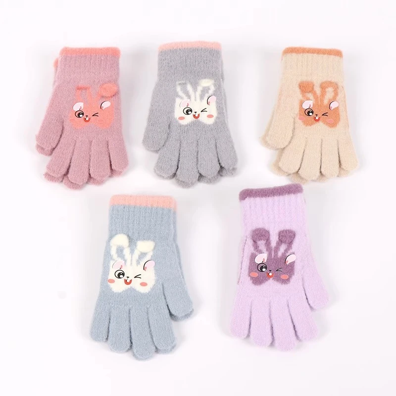 7-12岁儿童手套加绒保暖可爱卡通小兔子针织冬天小孩学生写字防寒