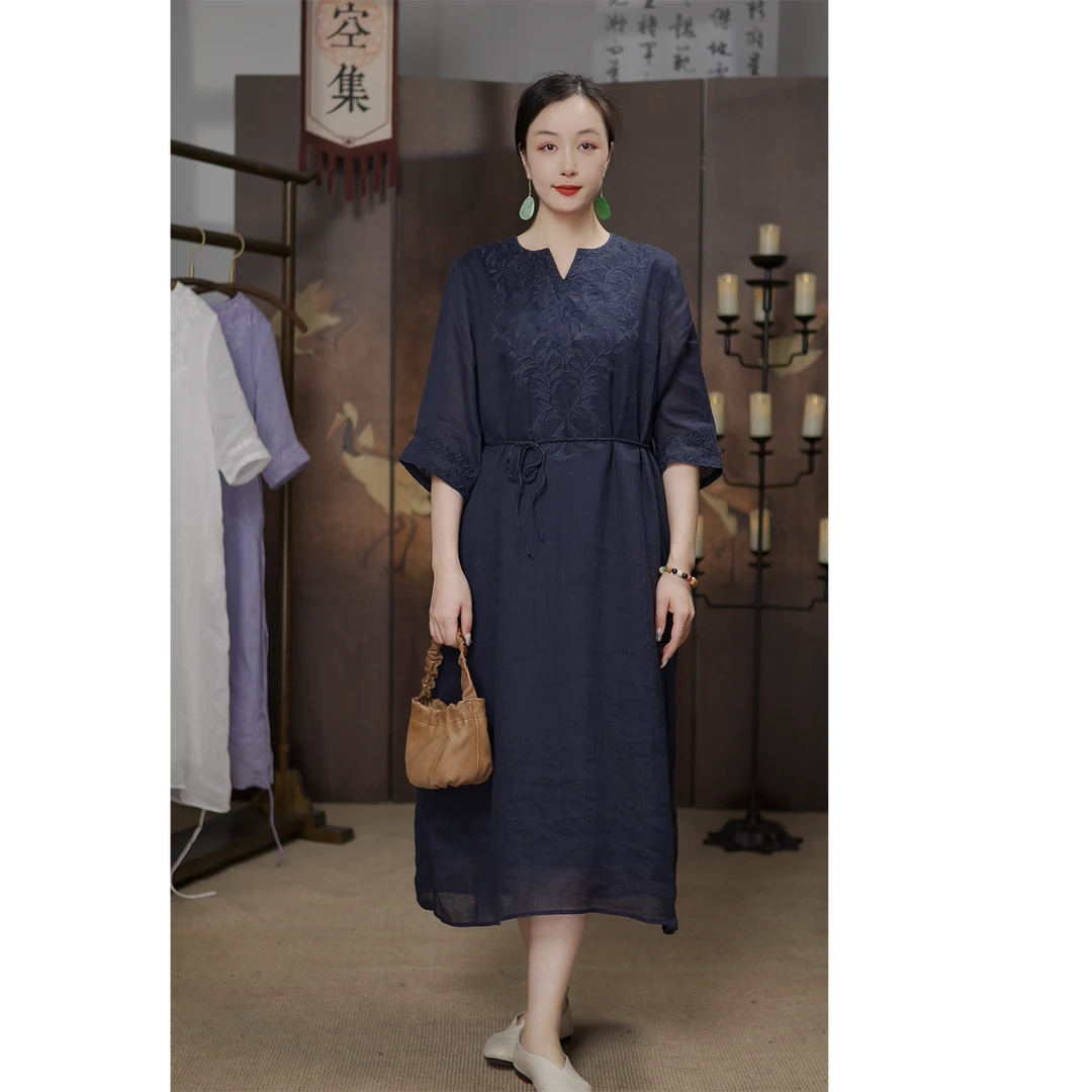 100%苎麻8018女装高档连衣裙海边度假中式复古宽松连衣裙文艺国风
