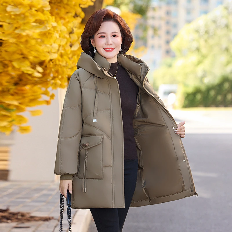妈妈冬装羽绒棉服中长款时尚外套含色连帽棉衣加厚保暖女装棉袄