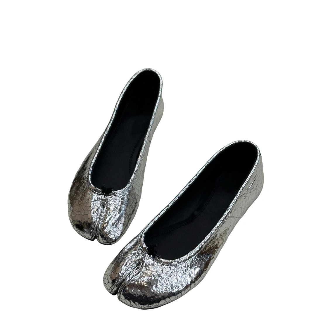 马吉同款mm6真皮分趾鞋爆裂银猪蹄鞋舒适浅口羊皮