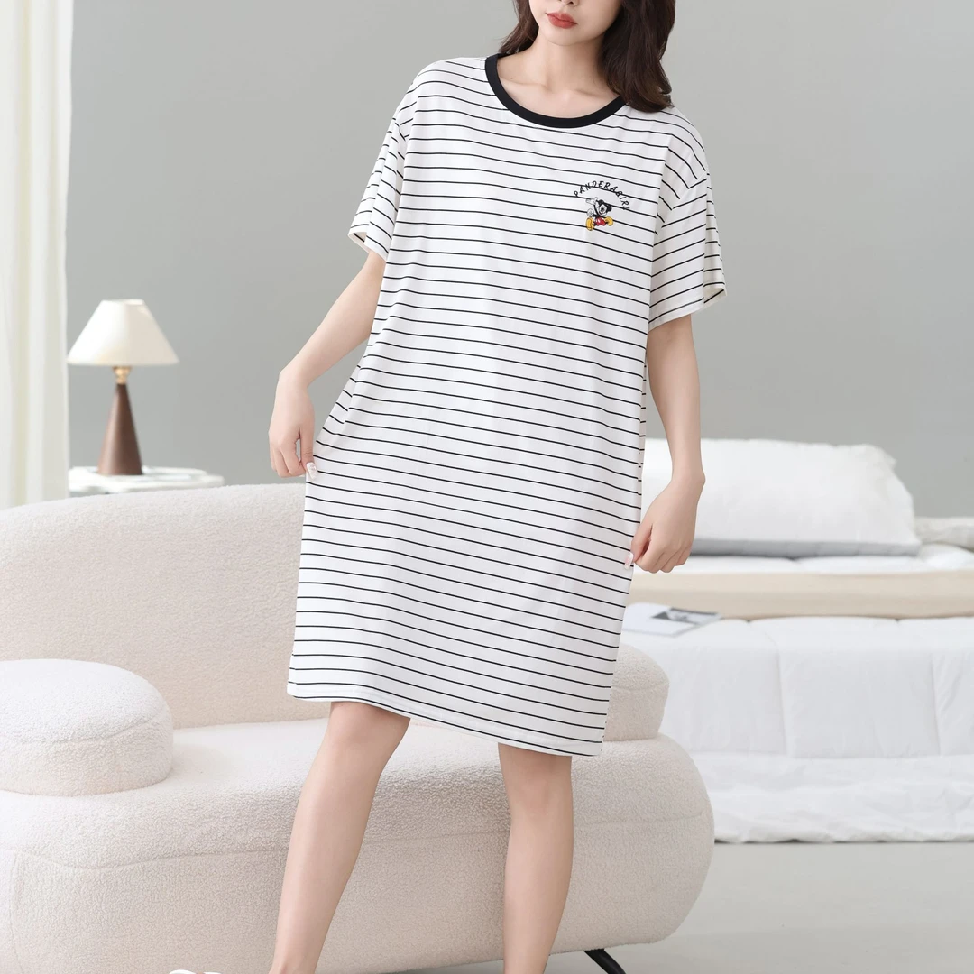 夏季爽棉睡裙短袖大码显气质休闲女士薄款简约宽松条纹卡通中长款