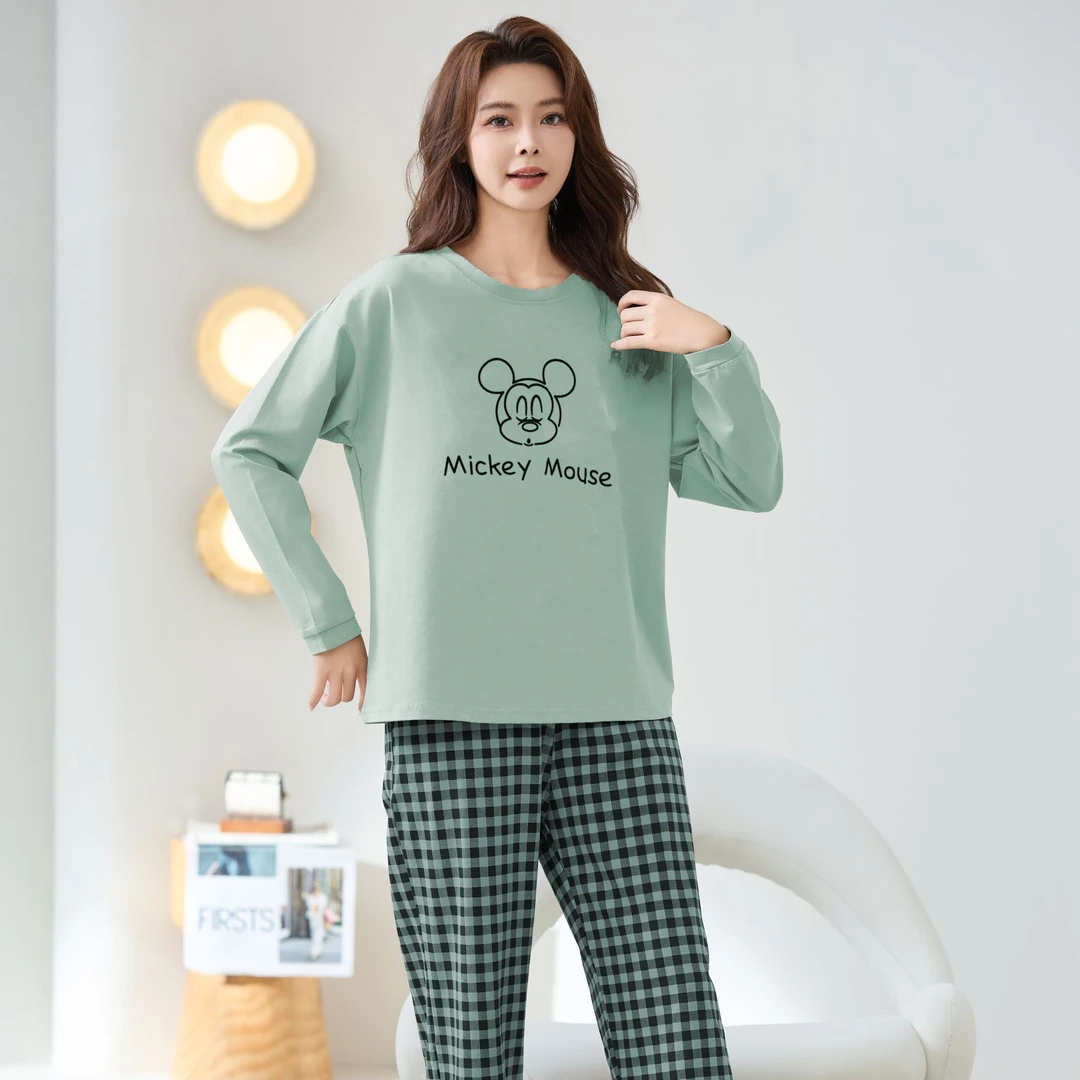 秋冬睡衣减龄清新格子可爱卡通印花休闲大方宽松家居服套装可外穿